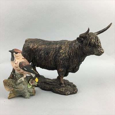 Lot 83 - A BORDER FINE ARTS BRONZED RESIN HIGHLAND COW ALONG WITH A ROBIN