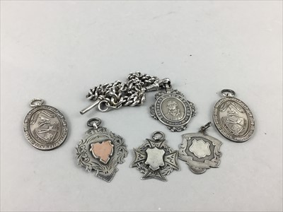 Lot 133 - A SILVER ALBERT CHAIN AND SIX SILVER MEDALS