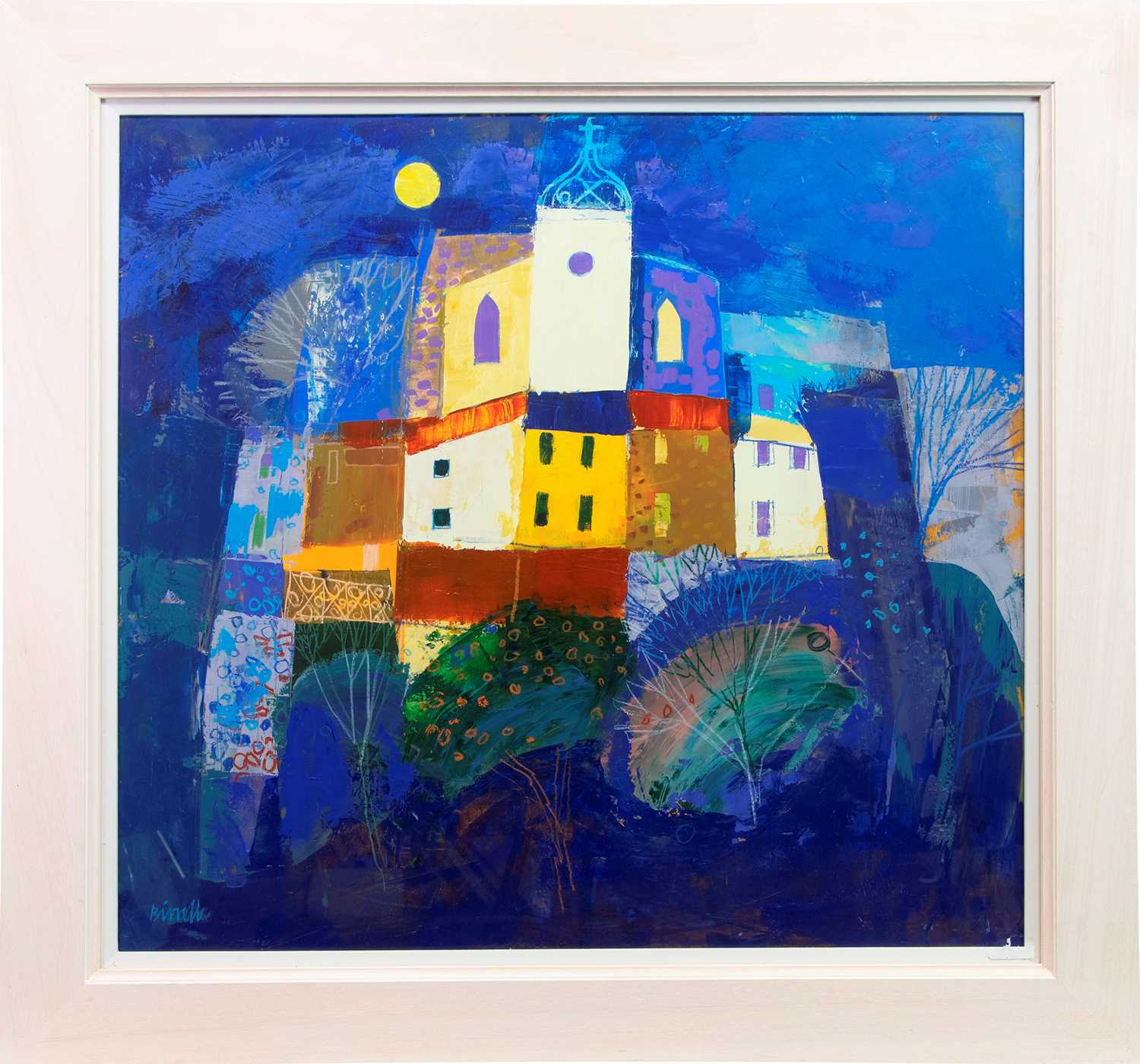 Lot 535 - VILLAGE PERCHE AND MOON, A MIXED MEDIA BY GEORGE BIRRELL