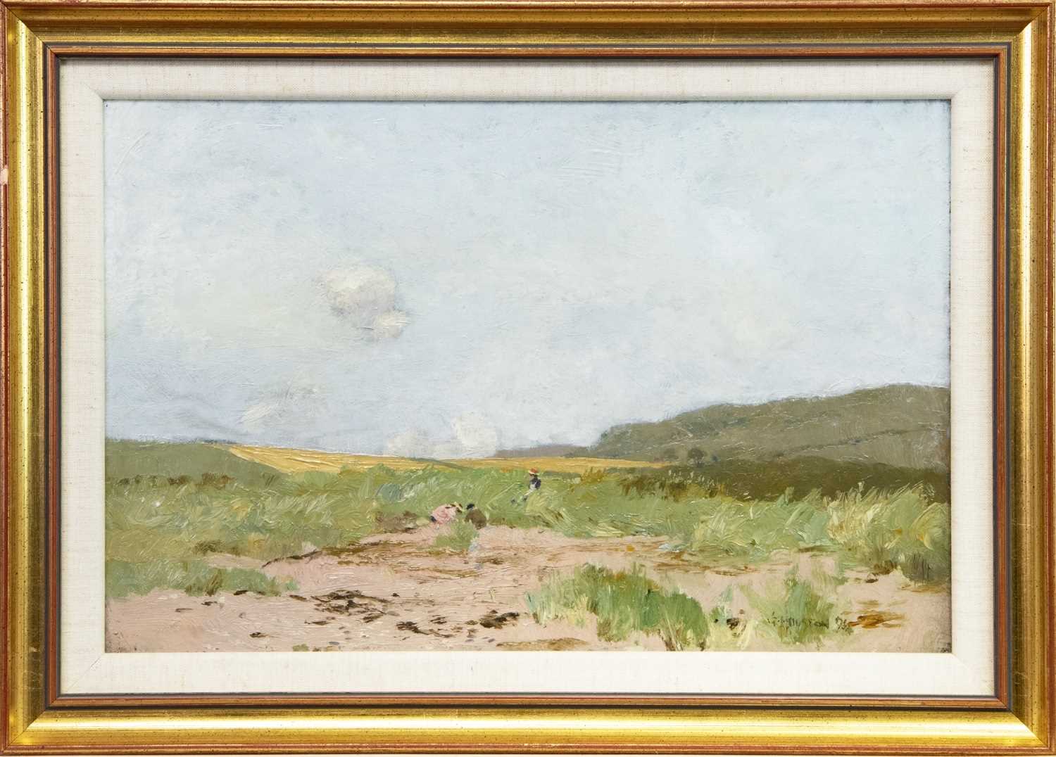 Lot 32 - RURAL LANDSCAPE WITH FIGURES, AN OIL BY GEORGE HOUSTON