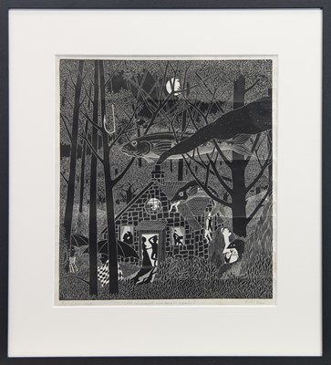 Lot 638 - AT MIDNIGHT THE WOODS WAKE, A LINOCUT BY BOB BAIN
