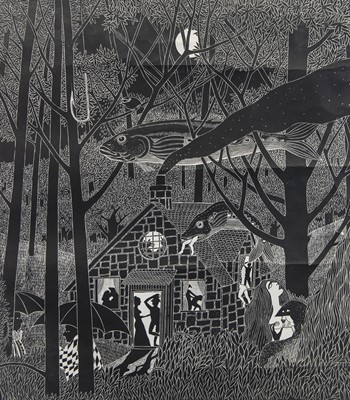 Lot 638 - AT MIDNIGHT THE WOODS WAKE, A LINOCUT BY BOB BAIN