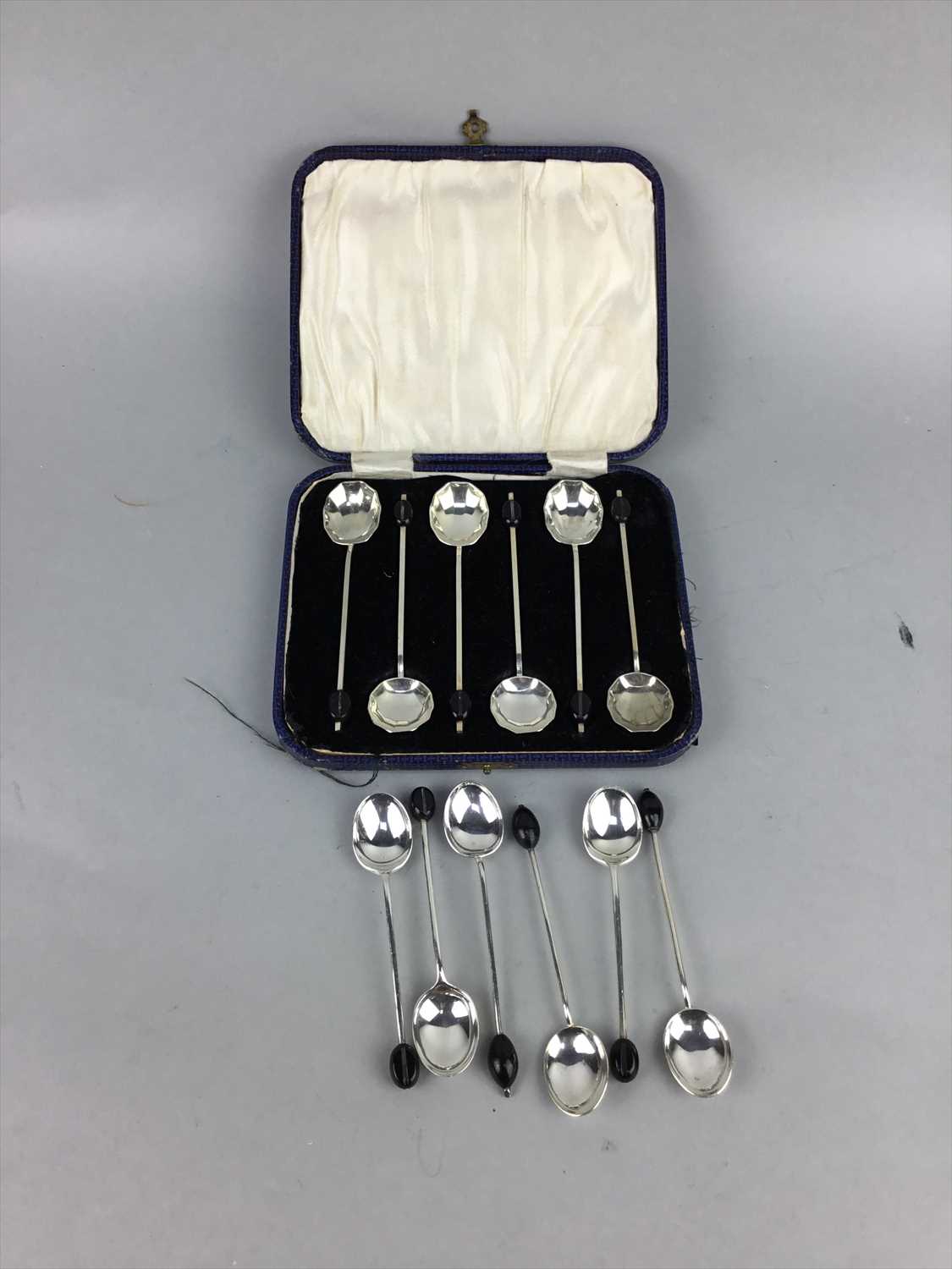 Lot 148 - A SET OF SIX SILVER BEAN TOP COFFEE SPOONS AND SIX PLATED SPOONS