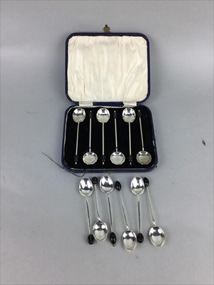 Lot 148 - A SET OF SIX SILVER BEAN TOP COFFEE SPOONS AND SIX PLATED SPOONS