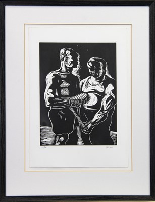 Lot 558 - A HERO OF THE PEOPLE, A LINOCUT BY PETER HOWSON