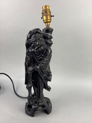 Lot 182 - A CHINESE FIGURAL TABLE LAMP ALONG WITH FIGURES OF ELEPHANTS