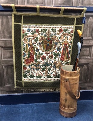 Lot 209 - A VINTAGE GOLF BAG, EMBROIDERED WALL HANGING AND OTHER ITEMS