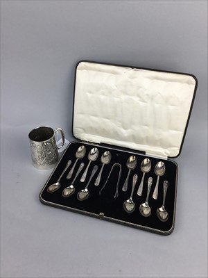 Lot 178 - A CASED SET OF SILVER TEASPOONS AND TONGS ALONG WITH A CHRISTENING MUG