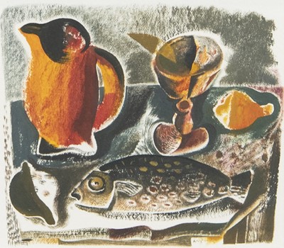 Lot 764 - STILL LIFE WITH JUG, GLASS, AND FISH, AN OIL BY JOHN BYRNE