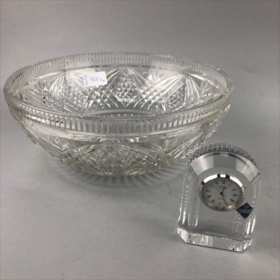 Lot 300 - A CRYSTAL BOWL, TWO DECANTERS AND AN EDINBURGH CRYSTAL MINIATURE CLOCK