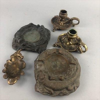 Lot 304 - AN EASTERN BRASS VESSEL, A PAIR OF BRASS CANDLESTICK HOLDERS AND OTHER BRASS ITEMS