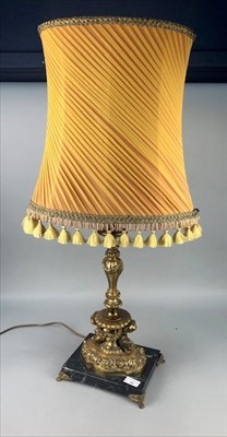 Lot 308 - A BRASS TABLE LAMP ON A MARBLE BASE AND ANOTHER TABLE LAMP