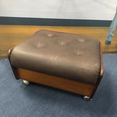 Lot 328 - A BROWN LEATHER AND STAINED WOOD FOOTSTOOL
