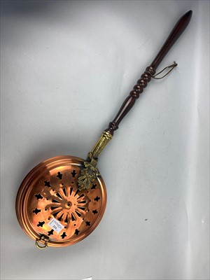 Lot 214 - A GROUP OF COPPER ITEMS INCLUDING A TEA KETTLE AND A WARMING PAN