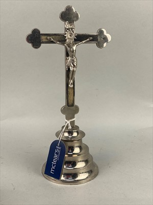 Lot 169 - A PLATED CRUCIFIX, WOODEN BOX AND MOULDED GLASS CANDLESTICK