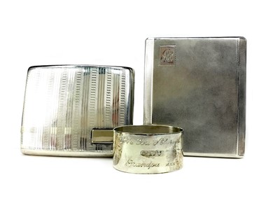 Lot 462 - A NAPKIN RING AND TWO SILVER CIGARETTE BOXES