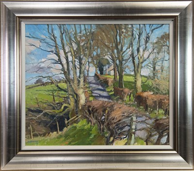Lot 772 - SPRING AT THE KNOWE, AN OIL BY DOUGLAS LENNOX