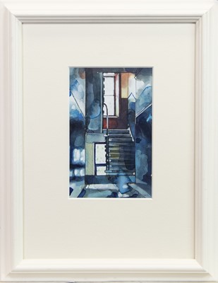 Lot 774 - BLUE REFLECTIONS, A WATERCOLOUR BY BRYAN EVANS