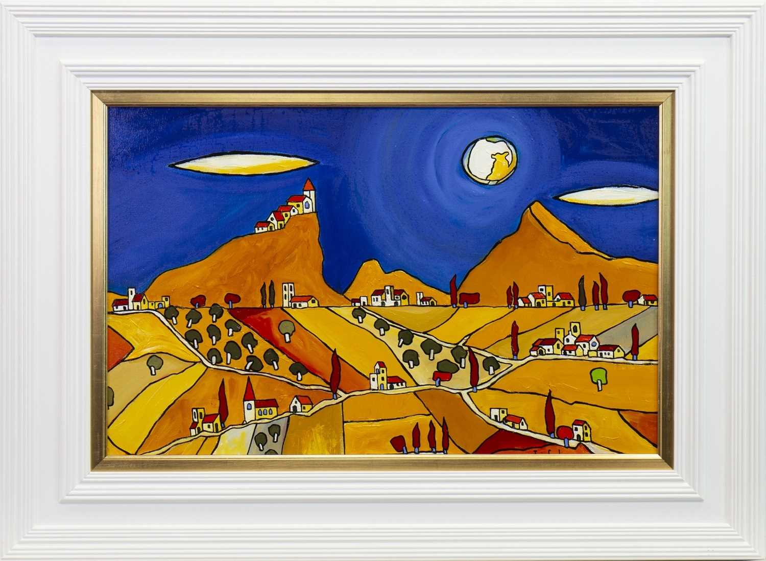 Lot 777 - MOON OVER GALLICIAN LANDSCAPE, AN OIL BY IAIN CARBY