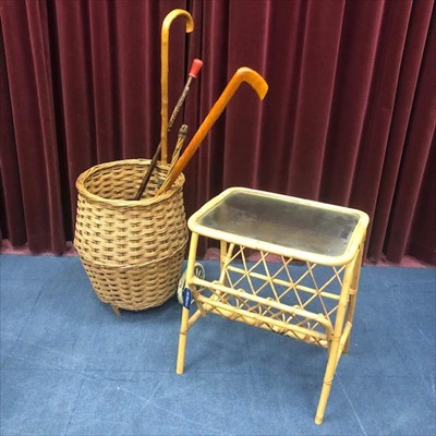 Lot 340 - A WICKER SHOPPING BASKET, A BAMBOO SIDE TABLE AND WALKING STICKS