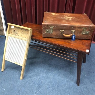 Lot 346 - A VINTAGE LEATHER SUITCASE, A STAINED WOOD COFFEE TABLE AND A VINTAGE WASHBOARD
