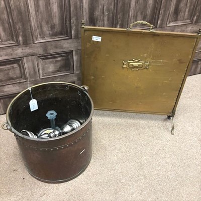 Lot 363 - A BRASS FIRE SCREEN, A COPPER AND BRASS COAL BUCKET AND OTHER BRASS ITEMS