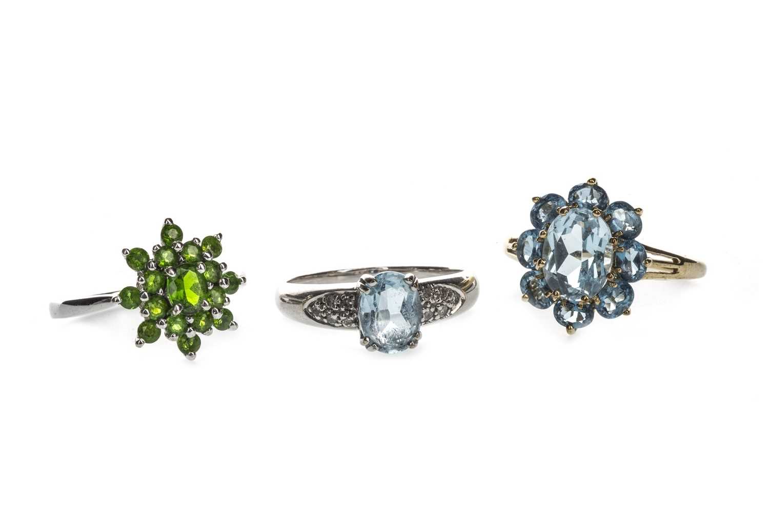 Lot 1323 - A BLUE GEM SET AND DIAMOND RING AND TWO OTHER RINGS