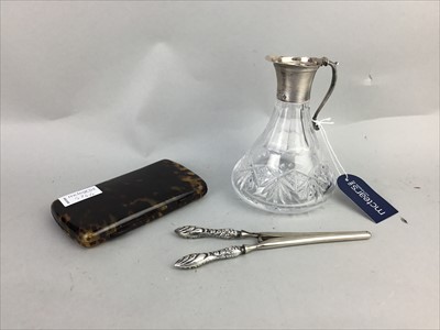 Lot 374 - A SILVER COLLARED JUG ALONG WITH A PAIR OF GLOVE STRETCHERS AND A CIGARETTE CASE