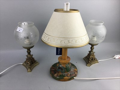 Lot 480 - A PAIR OF BRASS TABLE LAMPS WITH GLASS SHADES AND ANOTHER LAMP