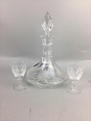 Lot 477 - A CRYSTAL DECANTER WITH STOPPER AND OTHER GLASS ITEMS