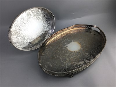 Lot 479 - A SILVER PLATED OVAL SERVING TRAY, THREE PIECE TEA SERVICE AND OTHER ITEMS