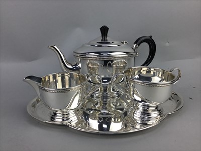 Lot 479 - A SILVER PLATED OVAL SERVING TRAY, THREE PIECE TEA SERVICE AND OTHER ITEMS