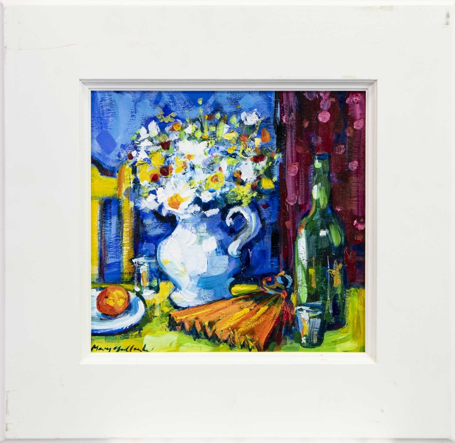 Lot 751 - STILL LIFE WITH ORANGE FAN, AN OIL BY MARY GALLAGHER