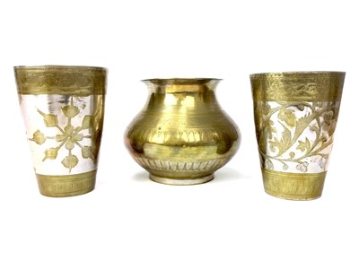 Lot 312 - A PAIR OF INDIAN BRASS AND WHITE METAL BEAKERS AND A VASE