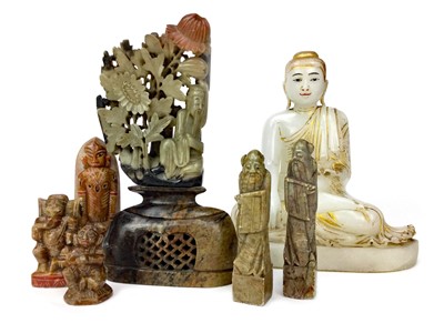 Lot 788 - A CHINESE ALABASTER CARVING AND OTHER FIGURES
