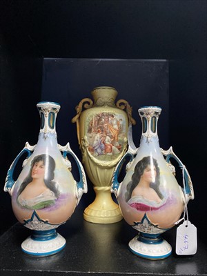 Lot 467 - A PAIR OF TWIN HANDLED GERMAN VASES AND ANOTHER VASE