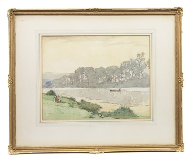 Lot 69 - FIGURES BY A RIVER, A WATERCOLOUR BY ROBERT EADIE