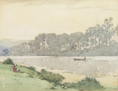 Lot 69 - FIGURES BY A RIVER, A WATERCOLOUR BY ROBERT EADIE