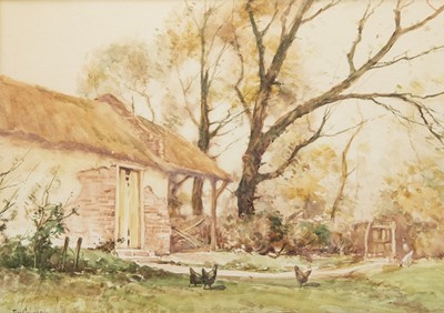 Lot 82 - RURAL SCENE WITH CHICKENS, A WATERCOLOUR BY TOM CAMPBELL