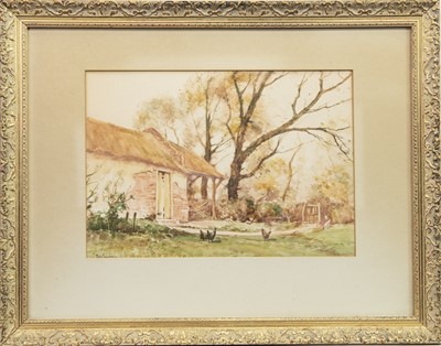 Lot 82 - RURAL SCENE WITH CHICKENS, A WATERCOLOUR BY TOM CAMPBELL