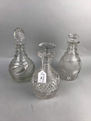 Lot 386 - A LOT OF FIVE CUT GLASS DECANTERS AND OTHER GLASS ITEMS