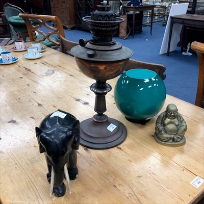 Lot 398 - A VICTORIAN COPPER OIL LAMP, A GREEN GLASS SHADE AND OTHER ITEMS