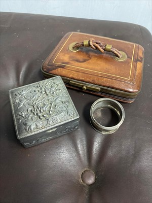 Lot 399 - A JAPANESE WHITE METAL SQUARE BOX, A TRAVELLING CASE AND OTHER ITEMS