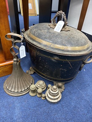 Lot 417 - A 19TH CENTURY COAL BUCKET AND VARIOUS WEIGHTS