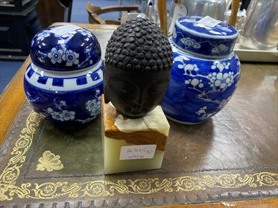Lot 425 - TWO CHINESE BLUE AND WHITE GINGER JARS AND A BRONZE BUST