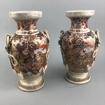 Lot 12 - A PAIR OF JAPANESE SATSUMA VASES, A CHINESE TEA POT AND BOWLS AND OTHER ITEMS