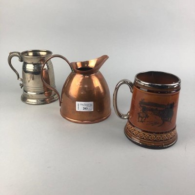 Lot 326 - A COPPER WATER JUG, TWO COMMEMORATIVE TANKARDS AND SILVER PLATED ITEMS