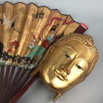 Lot 52 - A LOT OF FOUR CHINESE PAINTED FANS AND A GILT BUDDHA WALL MASK
