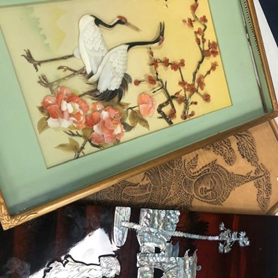 Lot 34 - A CHINESE RELIEF PANEL OF BIRD AND FLOWERS AND FIVE OTHER PICTURES