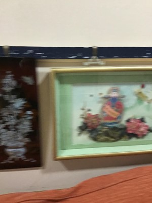 Lot 34 - A CHINESE RELIEF PANEL OF BIRD AND FLOWERS AND FIVE OTHER PICTURES